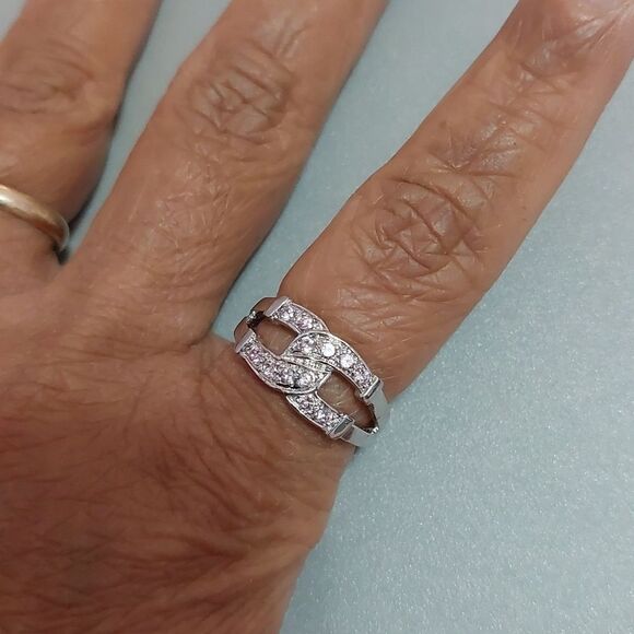 Interlocking C Paved with Pink Rhinestone Crystal Silver Tone Ring Size 6 - Picture 2 of 6